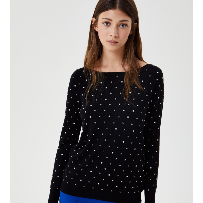 Pull manches longues à strass noir femme